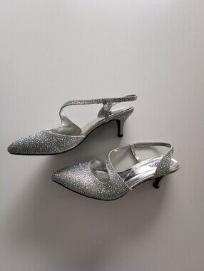 Prom Bridal Silver Iridescent Rhinestone Slingback Pointed Toe Kitten Heel Heels